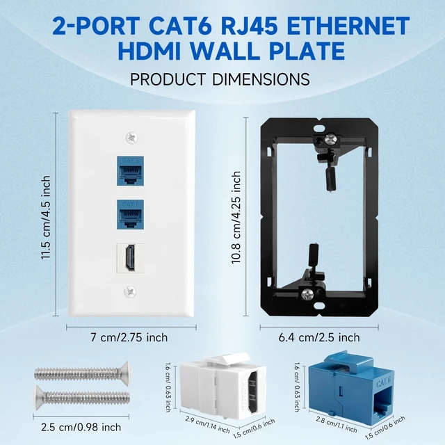 Alt view image 5 of 7 - 4 Pack Ethernet HDMI Wall Plate, 2-Port Cat6 & 1-Port HDMI Keystone Jack RJ45 Coupler Female to Female Wall Outlet with Low Voltage Mounting Bracket, Cable Pass Through Hide Behind The Wall