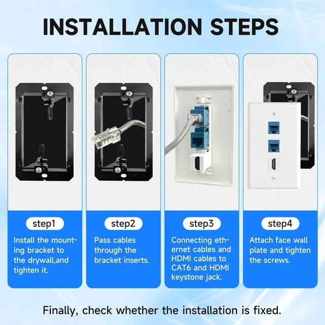 Alt view image 6 of 7 - 4 Pack Ethernet HDMI Wall Plate, 2-Port Cat6 & 1-Port HDMI Keystone Jack RJ45 Coupler Female to Female Wall Outlet with Low Voltage Mounting Bracket, Cable Pass Through Hide Behind The Wall