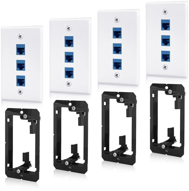 Main image of 4 Pack 3-Port Cat6 Ethernet Wall Plate with Low Voltage Mounting Bracket RJ45 Keystone Jack Coupler Female to Female, In-Wall Management Network Cables Inline Wires Connector, Easy Installation