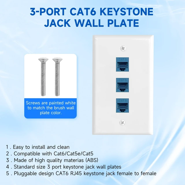 Alt view image 2 of 7 - 4 Pack 3-Port Cat6 Ethernet Wall Plate with Low Voltage Mounting Bracket RJ45 Keystone Jack Coupler Female to Female, In-Wall Management Network Cables Inline Wires Connector, Easy Installation