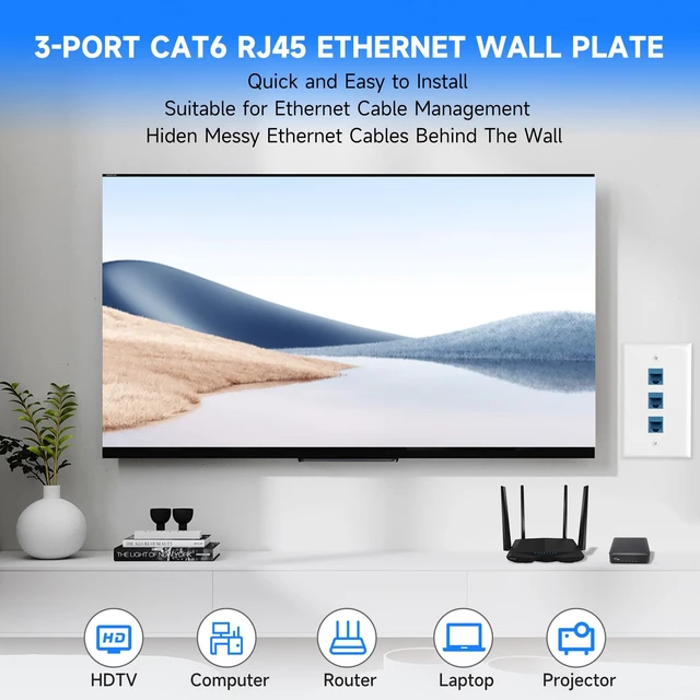 Alt view image 3 of 7 - 4 Pack 3-Port Cat6 Ethernet Wall Plate with Low Voltage Mounting Bracket RJ45 Keystone Jack Coupler Female to Female, In-Wall Management Network Cables Inline Wires Connector, Easy Installation