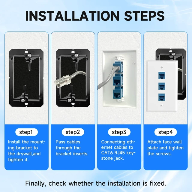Alt view image 6 of 7 - 4 Pack 3-Port Cat6 Ethernet Wall Plate with Low Voltage Mounting Bracket RJ45 Keystone Jack Coupler Female to Female, In-Wall Management Network Cables Inline Wires Connector, Easy Installation