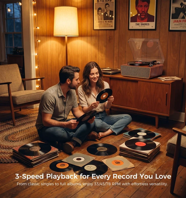 Alt view image 4 of 7 - Classic Walnut Bluetooth Record Player, 3-Speed Turntable Classic walnut finish with Bluetooth, 3-speed playback, USB-to-PC recording, AUX, RCA output and auto stop