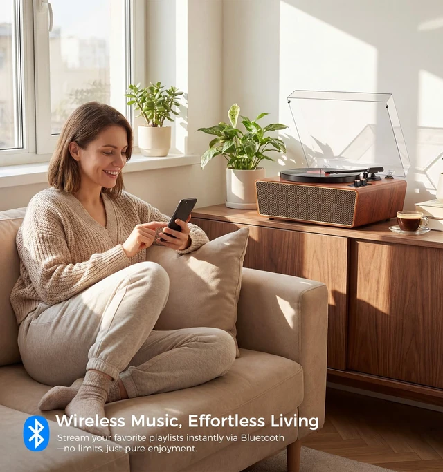Alt view image 3 of 7 - Classic Walnut Bluetooth Record Player, 3-Speed Turntable Classic walnut finish with Bluetooth, 3-speed playback, USB-to-PC recording, AUX, RCA output and auto stop