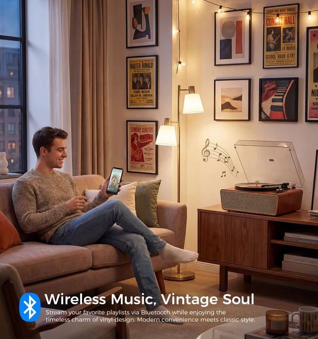 Alt view image 5 of 7 - Mahogany Wood Bluetooth Record Player, 3-Speed Turntable Elegant mahogany finish with Bluetooth, 3-speed playback, 4 speakers, PC recording, RCA output and auto stop