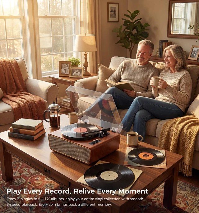 Alt view image 7 of 7 - Mahogany Wood Bluetooth Record Player, 3-Speed Turntable Elegant mahogany finish with Bluetooth, 3-speed playback, 4 speakers, PC recording, RCA output and auto stop