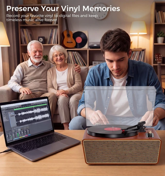 Alt view image 6 of 7 - Mahogany Wood Bluetooth Record Player, 3-Speed Turntable Elegant mahogany finish with Bluetooth, 3-speed playback, 4 speakers, PC recording, RCA output and auto stop