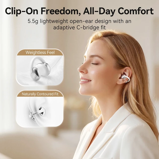 Alt view image 2 of 7 - CrystalClip Open Ear Clip-On Earbuds, 5.5g Ultra-Light, 36H Playtime Open Ear Wireless Earbuds with Deep Bass & 3D Spatial Sound, AI ENC Clear Calls, Dual-Device Switching, IPX4 Waterproof