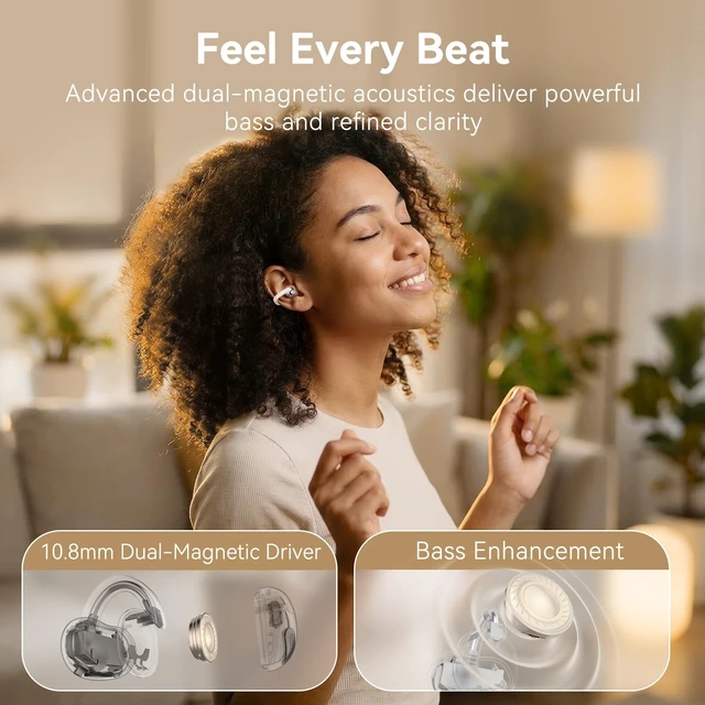 Alt view image 4 of 7 - CrystalClip Open Ear Clip-On Earbuds, 5.5g Ultra-Light, 36H Playtime Open Ear Wireless Earbuds with Deep Bass & 3D Spatial Sound, AI ENC Clear Calls, Dual-Device Switching, IPX4 Waterproof