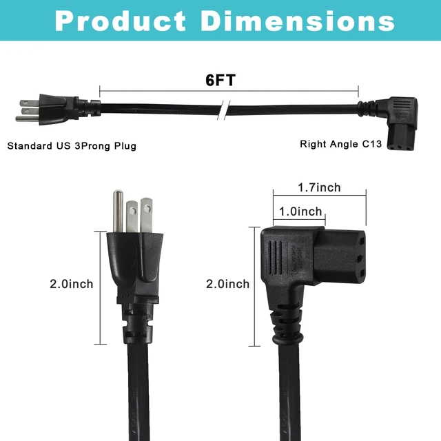 Alt view image 2 of 7 - 6FT 90 Degree Computer Monitor Power Cord - NEMA 5-15P to Right Angle C13 Power Cord, 13A 125V, 16AWG, Black Replacement Angled Printer/TV 3 Prong AC Cord, PC Power Supply Cable