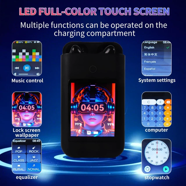 Alt view image 3 of 7 - Wireless Earbuds Bluetooth 5.3 Headphones,Long Playtime Ear Buds with Mic Waterproof in Ear Earphones Charging Case with Multi Functions LED Full Color Touch Screen for Android iOS Phones Sport,black