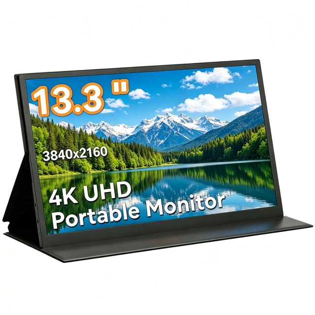 Main image of 4K Portable Monitor 13.3 Inch, IPS Ultra HD 3840x2160 External Display 16:10 aspect, 60Hz, 300 nits brightness, ultra-slim 0.39" body. USB-C & Mini HDMI ready for laptop, phone, console