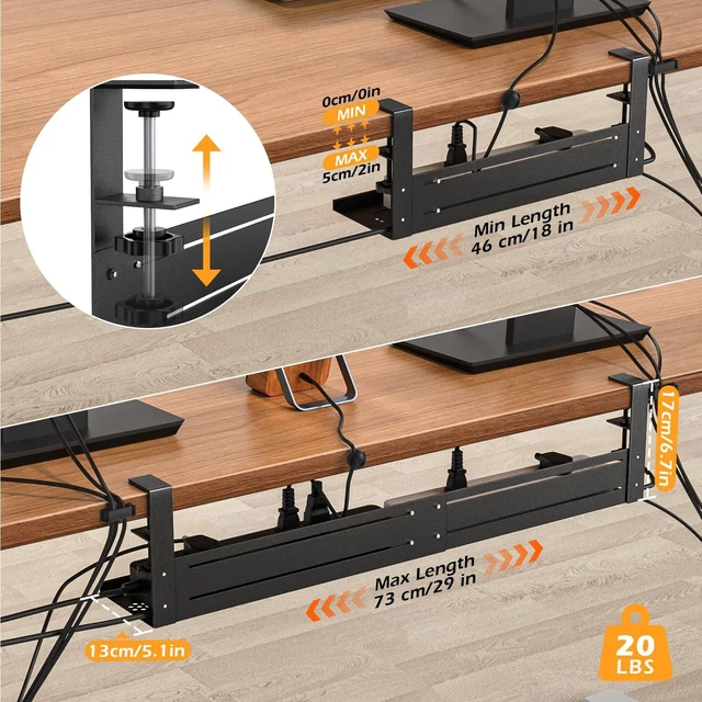 Alt view image 3 of 7 - Under Desk Cable Management Tray - 18-29in Retractable Iron Cord Organizer, No-Drill Installation with Anti-Slip Pads, Desk Cable Tray for Office, Gaming,Standing Desks(Black)
