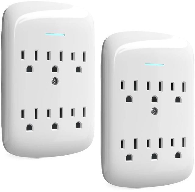 Main image of Surge Protector Wall Mount 6-Outlet Extender 2 Pack, 3 Prong Grounded Multi Plugs Power Strip Adapter Tap with Indicator Light, 15A/125V Low-Profile for Home & Office & Travel -ETL-White