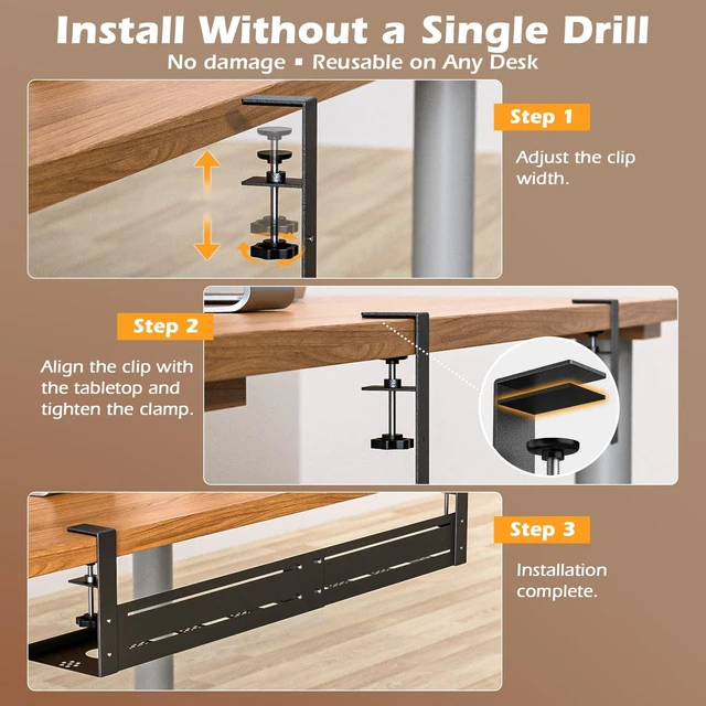 Alt view image 5 of 7 - Under Desk Cable Management Tray - 18-29in Retractable Iron Cord Organizer, No-Drill Installation with Anti-Slip Pads, Desk Cable Tray for Office, Gaming,Standing Desks(Black)