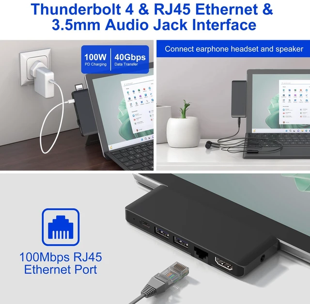 Alt view image 7 of 7 - Surface Pro 13/11/10/9 Hub Docking Station with 4K HDMI, Thunerbolt 4(8K Video+40Gbps+100W PD), 100M Ethernet, USB 3.0, 3.5mm Audio, SD/TF Card Slot - USB C Hub Adapter for Surface Pro 11/Pro 10/Pro 9