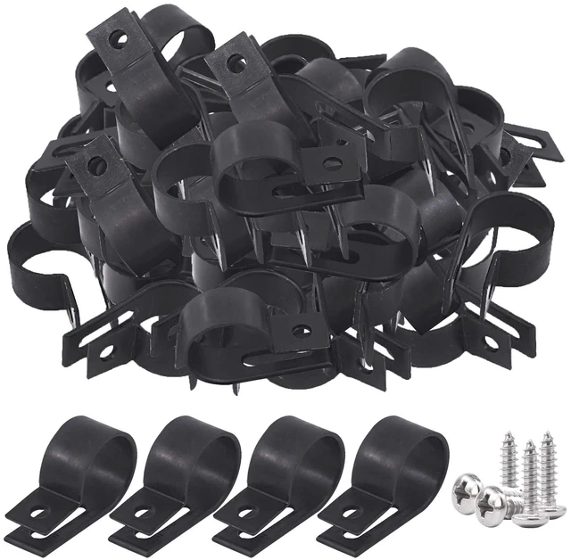 Main image of 120Pcs 3/4 Inch Black Nylon Screw Mounting R-Type Cable Clip Wire Clamp with 120Pcs Screws for Wire, Cable, Conduit and Cable Conduit Kit (Black)