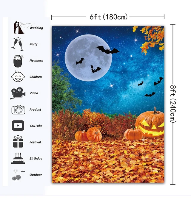 Alt view image 6 of 7 - Halloween Photography Backdrop 6x8FT Moonlight Pumpkin Fallen Leaves Background for Kids Portrait Halloween Baby Shower Birthday Trick or Treat Party Decorations Photo Props
