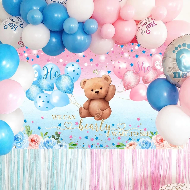 Alt view image 2 of 7 - Gender Reveal Backdrop Boy or Girl Sign Banner Blue and Pink Stars Dots Balloon Theme Baby Gender Reveal Party Decorations Baby Shower Party Supplies (82.6 x 59.1 Inch)