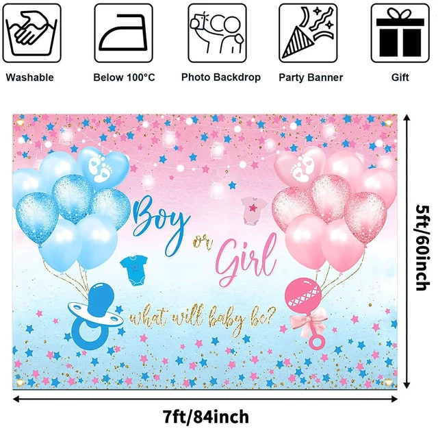 Alt view image 3 of 7 - Gender Reveal Backdrop Boy or Girl Sign Banner Blue and Pink Stars Dots Balloon Theme Baby Gender Reveal Party Decorations Baby Shower Party Supplies (82.6 x 59.1 Inch)
