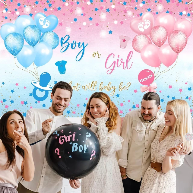 Alt view image 5 of 7 - Gender Reveal Backdrop Boy or Girl Sign Banner Blue and Pink Stars Dots Balloon Theme Baby Gender Reveal Party Decorations Baby Shower Party Supplies (82.6 x 59.1 Inch)
