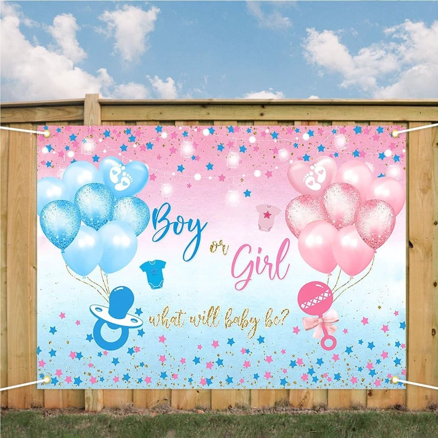 Alt view image 6 of 7 - Gender Reveal Backdrop Boy or Girl Sign Banner Blue and Pink Stars Dots Balloon Theme Baby Gender Reveal Party Decorations Baby Shower Party Supplies (82.6 x 59.1 Inch)