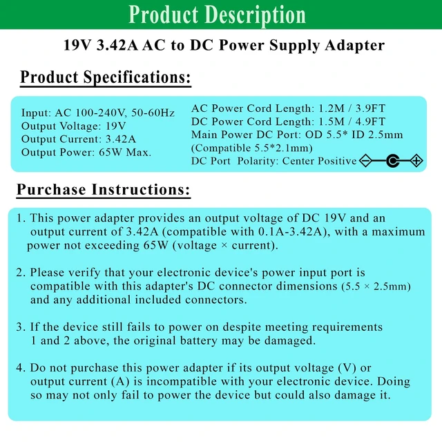 Alt view image 2 of 7 - 19V 3.42A DC Power Supply Adapter, 19 Volt Laptop Charger AC 100-240V 50-60hz, Compatible for 19Vdc Gateway Toshiba Acer Lenovo Asus Samsung Laptop JBL Speaker LG LCD Monitor