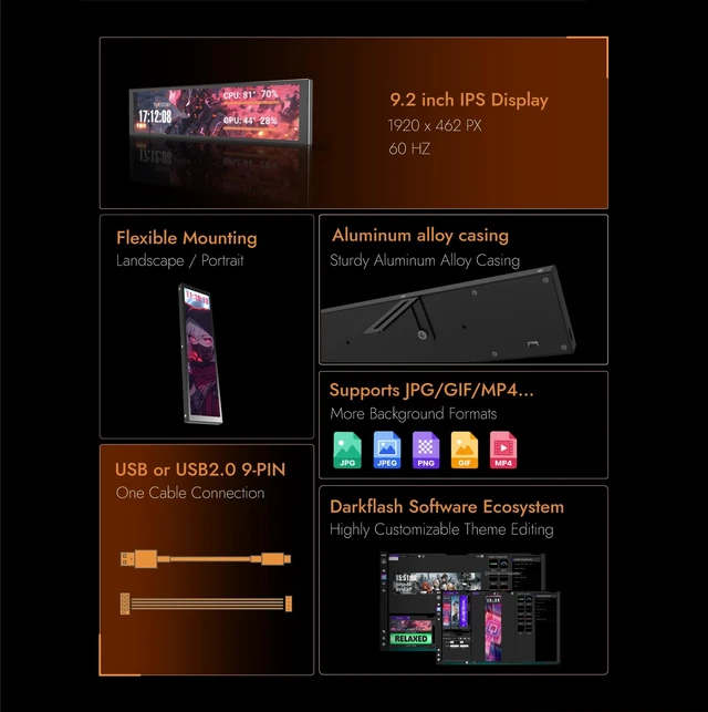 Alt view image 3 of 7 - V92 9.2" PC Case Screen, 1920x462 IPS Sensor Panel Monitor, Black CPU/GPU Temp Display, No AIDA64 Needed, No HDMI Needed, USB-C/Internal 9-Pin, Aluminum Body for Gaming PC Builds