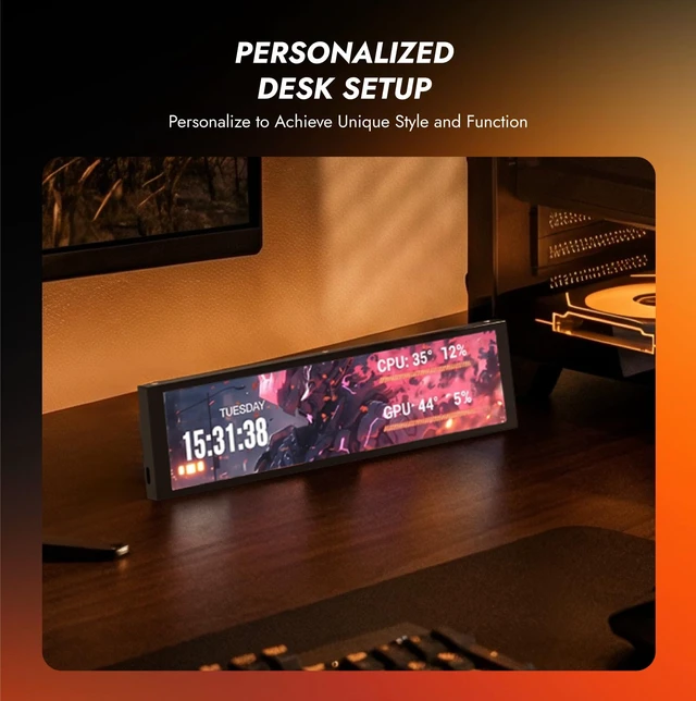 Alt view image 4 of 7 - V92 9.2" PC Case Screen, 1920x462 IPS Sensor Panel Monitor, Black CPU/GPU Temp Display, No AIDA64 Needed, No HDMI Needed, USB-C/Internal 9-Pin, Aluminum Body for Gaming PC Builds