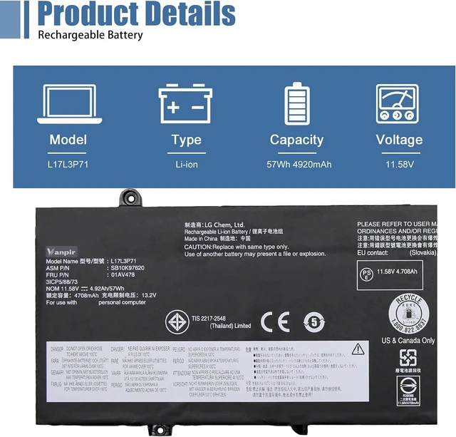 Alt view image 2 of 7 - L17L3P71 01AV478 Laptop Battery Compatible with Lenovo ThinkPad T480s Series Notebook 01AV479 L17M3P71 L17S3P71 SB10K97621 11.58V 57Wh 4920mAh 3-Cell