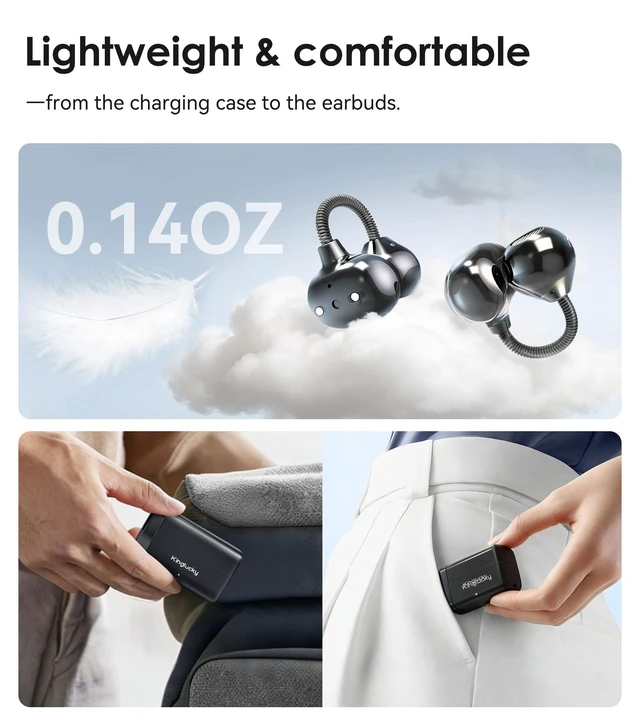 Alt view image 4 of 7 - King Lucky Open-Ear Clip-On Earbuds for Running, Bluetooth 6.0 Wireless Headphones with Memory Spring, Secure Fit for Small Ears & Glasses Wearers, 45H Playtime, ENC Mic, IPX5 Waterproof (Black)