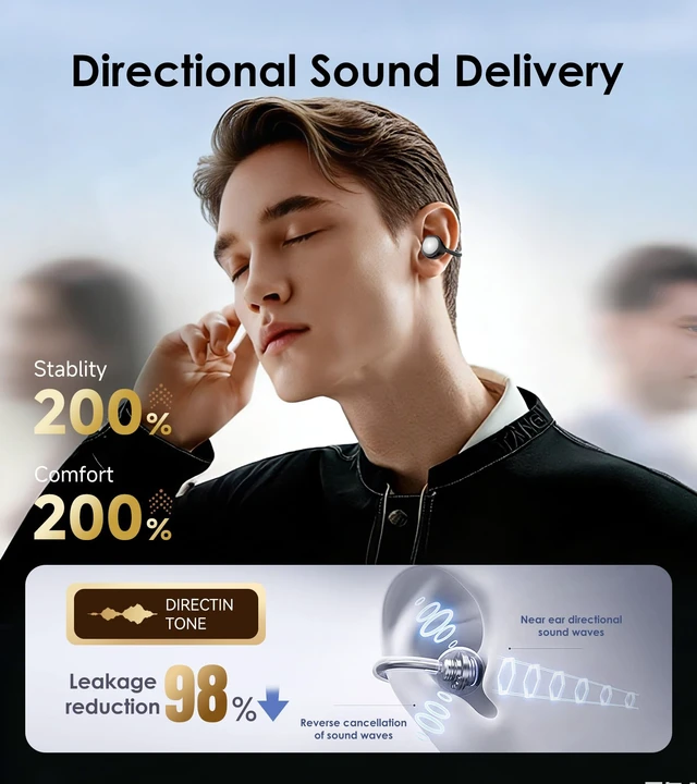 Alt view image 7 of 7 - King Lucky Open-Ear Clip-On Earbuds for Running, Bluetooth 6.0 Wireless Headphones with Memory Spring, Secure Fit for Small Ears & Glasses Wearers, 45H Playtime, ENC Mic, IPX5 Waterproof (Black)