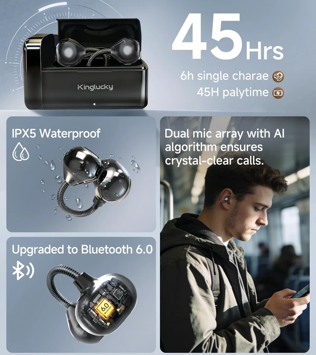Alt view image 6 of 7 - King Lucky Open-Ear Clip-On Earbuds for Running, Bluetooth 6.0 Wireless Headphones with Memory Spring, Secure Fit for Small Ears & Glasses Wearers, 45H Playtime, ENC Mic, IPX5 Waterproof (Black)