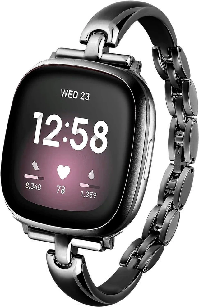 Main image of Silm Metal Band Compatible with Fitbit Versa 4/Fitbit Sense 2,Black Band Cute Women, Bling Jewelry Strap Replacement Compatible for Fitbit Sense/Versa 3 Women