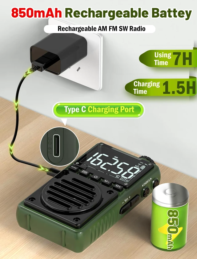 Alt view image 3 of 7 - Digital AM FM Weather Band Radio 850mAh Rechargeable Battery Portable Pocket Radio with Best Reception,Flashlight,LCD Screen, Back Clip,SOS Alarm,Sleep Timer for Jogging,Walking