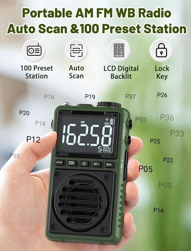 Alt view image 5 of 7 - Digital AM FM Weather Band Radio 850mAh Rechargeable Battery Portable Pocket Radio with Best Reception,Flashlight,LCD Screen, Back Clip,SOS Alarm,Sleep Timer for Jogging,Walking