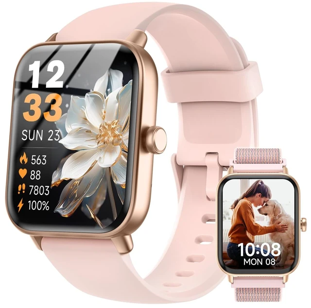 Main image of Smart Watch for Women, Fitness Tracker iOS Android,Blush Pink 1.85" HD Smartwatch, Calling, 2 Bands (Silicone+Woven), Alexa, Heart Rate/Sleep Monitor, Waterproof, Watch Gift for Women