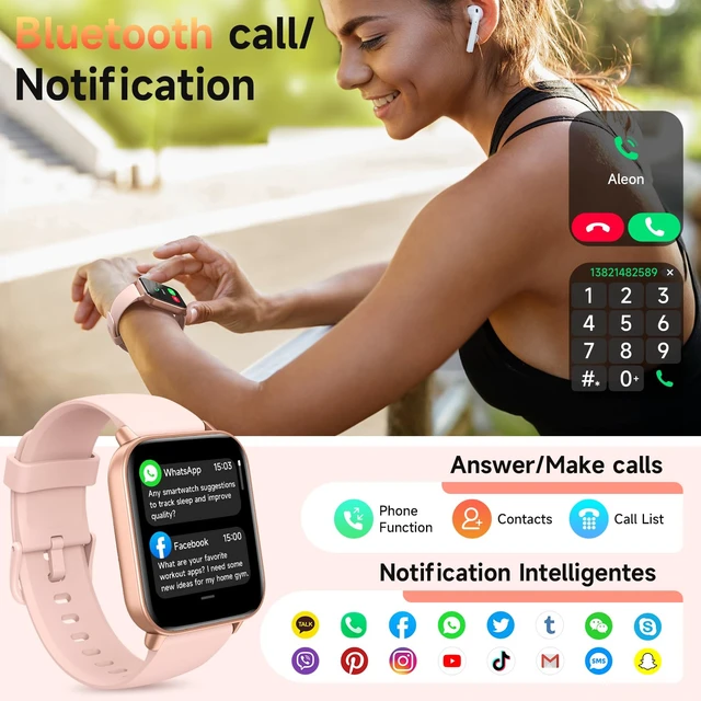 Alt view image 2 of 7 - Smart Watch for Women, Fitness Tracker iOS Android,Blush Pink 1.85" HD Smartwatch, Calling, 2 Bands (Silicone+Woven), Alexa, Heart Rate/Sleep Monitor, Waterproof, Watch Gift for Women