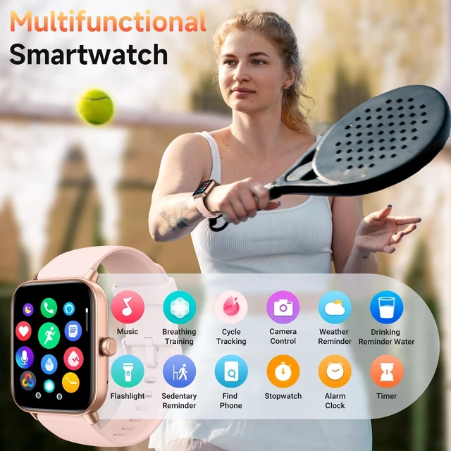 Alt view image 6 of 7 - Smart Watch for Women, Fitness Tracker iOS Android,Blush Pink 1.85" HD Smartwatch, Calling, 2 Bands (Silicone+Woven), Alexa, Heart Rate/Sleep Monitor, Waterproof, Watch Gift for Women