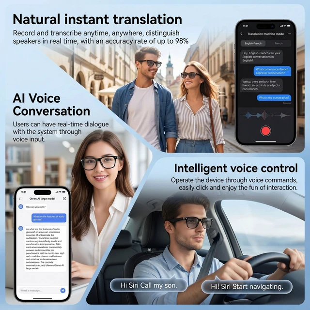 Alt view image 3 of 7 - AI Smart Bluetooth Glasses with Speakers, Translation & Photochromic 170mAh battery, open-ear audio for music, ideal for travel, work, sports