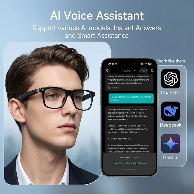 Alt view image 5 of 7 - AI Smart Bluetooth Glasses with Speakers, Translation & Photochromic 170mAh battery, open-ear audio for music, ideal for travel, work, sports