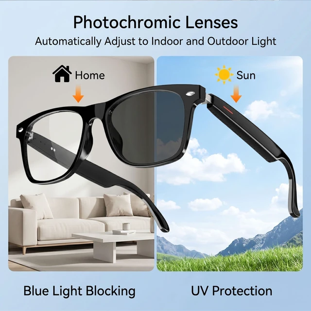 Alt view image 6 of 7 - AI Smart Bluetooth Glasses with Speakers, Translation & Photochromic 170mAh battery, open-ear audio for music, ideal for travel, work, sports