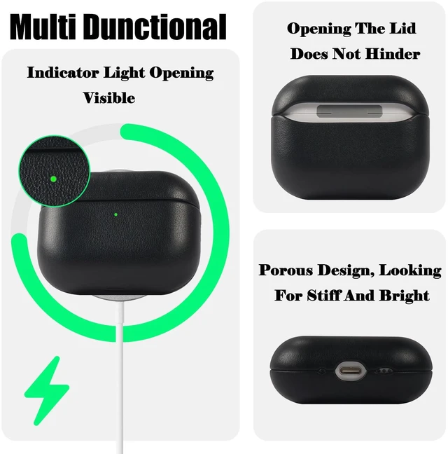 Alt view image 2 of 6 - for AirPods Pro 3 (2025) 100% Genuine Leather Case,Full-Grain Leather Cover Case,Handmade Top,Shockproof Protective,Wireless Charging,for AirPods Pro 3rd Gen (Black, No Rope)
