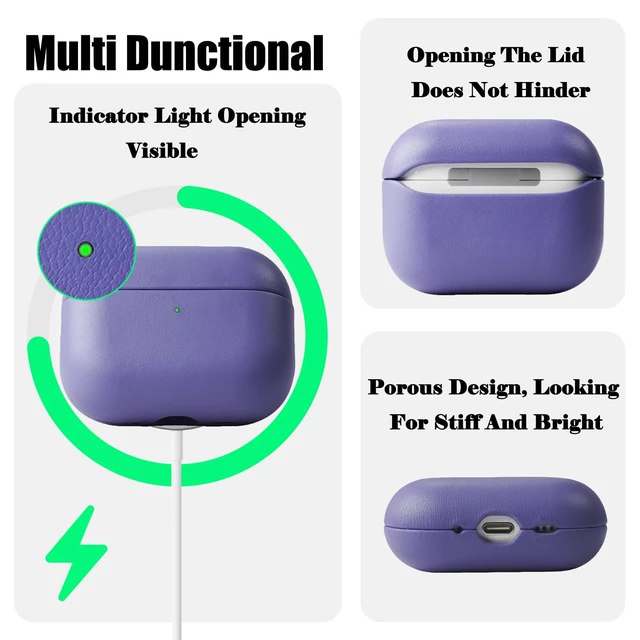 Alt view image 2 of 6 - for AirPods Pro 3 (2025) 100% Genuine Leather Case,Full-Grain Leather Cover Case,Handmade Top,Shockproof Protective,Wireless Charging,for AirPods Pro 3rd Gen (Lilac, No Rope)