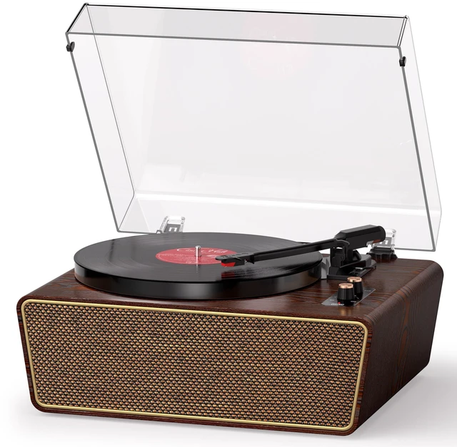 Main image of Dark Gray Wood Bluetooth Record Player, 3-Speed Turntable Modern dark gray wood finish with Bluetooth, 3-speed playback, 4 speakers, PC recording, AUX, RCA and headphone jack