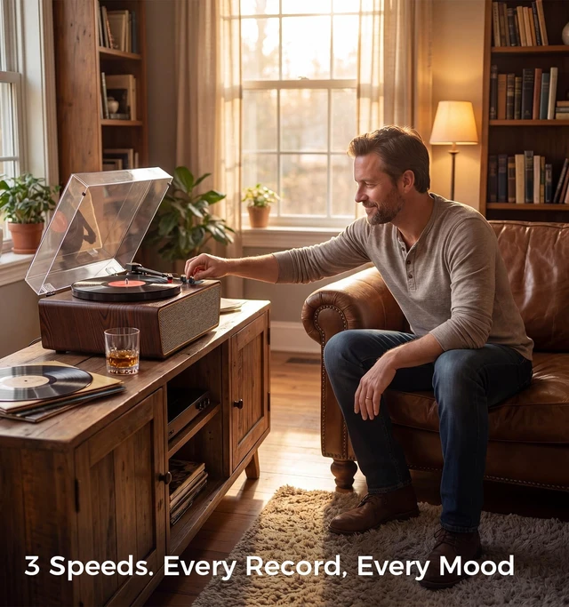 Alt view image 3 of 7 - Dark Gray Wood Bluetooth Record Player, 3-Speed Turntable Modern dark gray wood finish with Bluetooth, 3-speed playback, 4 speakers, PC recording, AUX, RCA and headphone jack
