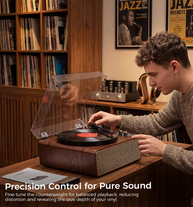 Alt view image 7 of 7 - Dark Gray Wood Bluetooth Record Player, 3-Speed Turntable Modern dark gray wood finish with Bluetooth, 3-speed playback, 4 speakers, PC recording, AUX, RCA and headphone jack