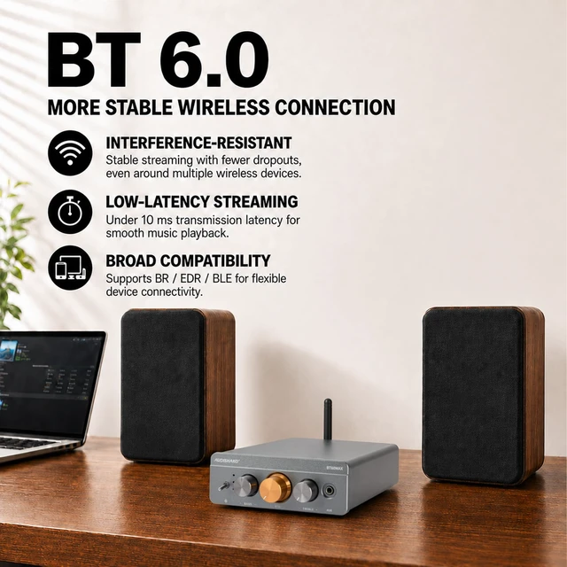 Alt view image 3 of 7 - BT60MAX Stereo Amplifier, 300W X 2, TPA3255 2 Channel Mini Class D Amplifier with Bass Treble Control, BT6.0/AUX/RCA 3-Input for Passive Speakers, Swappable Op-Amps, Includes 32V/5A Adapter