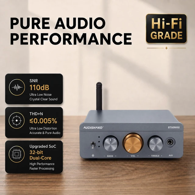 Alt view image 4 of 7 - BT60MAX Stereo Amplifier, 300W X 2, TPA3255 2 Channel Mini Class D Amplifier with Bass Treble Control, BT6.0/AUX/RCA 3-Input for Passive Speakers, Swappable Op-Amps, Includes 32V/5A Adapter