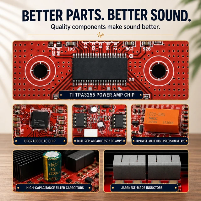 Alt view image 6 of 7 - BT60MAX Stereo Amplifier, 300W X 2, TPA3255 2 Channel Mini Class D Amplifier with Bass Treble Control, BT6.0/AUX/RCA 3-Input for Passive Speakers, Swappable Op-Amps, Includes 32V/5A Adapter